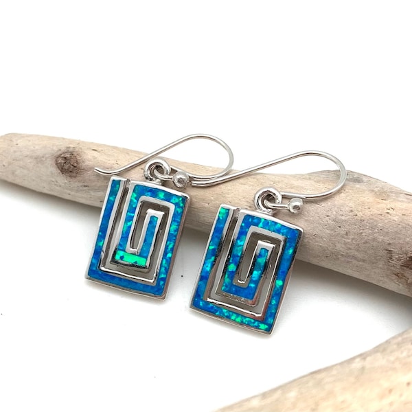 Blue Opal Greek KeyEarrings // Blue Opal Dangly Earrings // Greek Key opal Silver Earrings // 925 Sterling Silver // October Birthstone