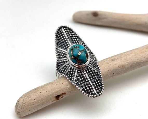 Bague Designer Argent 925 Et Turquoise - Pierre Ovale Naturelle, Cuivre Vert, Taille Ajustable