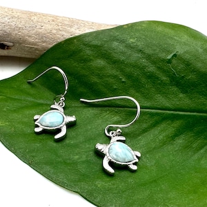 Puede incluir: Un par de pendientes de plata con un dije de tortuga azul y blanco. Los pendientes cuelgan de una hoja verde.