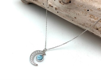 Larimar Moon Silver Necklace 16”-18” // Modern Larimar Minimalist Necklace // Aqua Blue Larimar Necklace // 925 sterling Silver