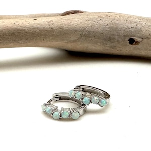 White Opal Huggies Hoop Earrings // White Opal Hoop Earrings // White Opal Silver 13mm x 3mm Earrings // October Birthstone // 925 Silver