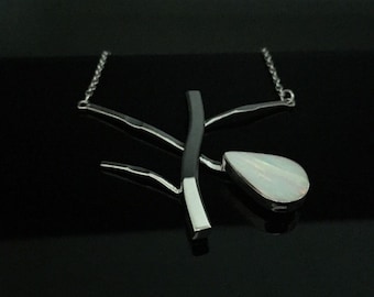 Silver Opal Necklace // 925 Sterling Silver // White Fire Opal // Twig Teardrop Shape // Rhodium Finish