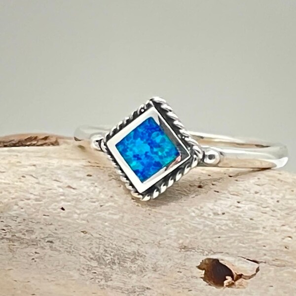 Squared Blue Opal Ring - Oxidized Rope Design - Sizes 5-10 available