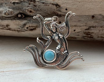 Mermaid in the Wave Larimar Pendant // Goddess and Wave Larimar Pendant // Natural Blue Larimar // Sea Life Jewelry // 925 Sterling Silver