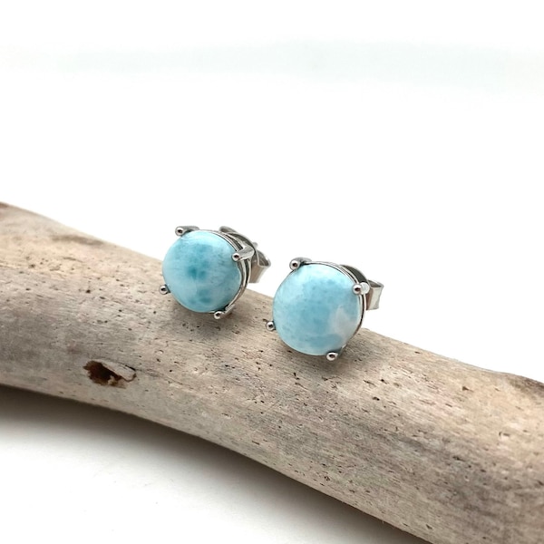 Larimar Post Earrings, Round Larimar Earrings 8mm, 10mm 925 Sterling Silver