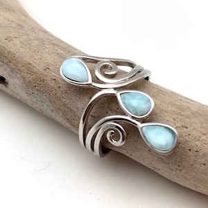 Larimar Multi Stone Silver Ring / Larimar Swirl Silver Ring / Larimar Long Finger Ring / Larimar Size 7, 8, 9 / 925 Sterling Silver