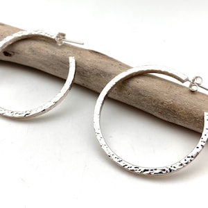 Silver Hammered Hoop Earrings / Squared Post Hoops/ Modern Hammered Silver Post Hoops 40mm x 2mm / 925 Sterling Silver