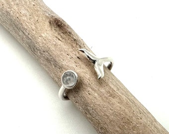 Whale Tail Moonstone Ring / Silver Whale Tail Ocean Ring / Whale 4, 5, 6, 7, 8, 9, 10 / Sterling Silver