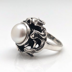 Pearl Ring // Oxidized Abstract Setting // Silver Pearl Ring // Sterling Silver // Size 8 image 1