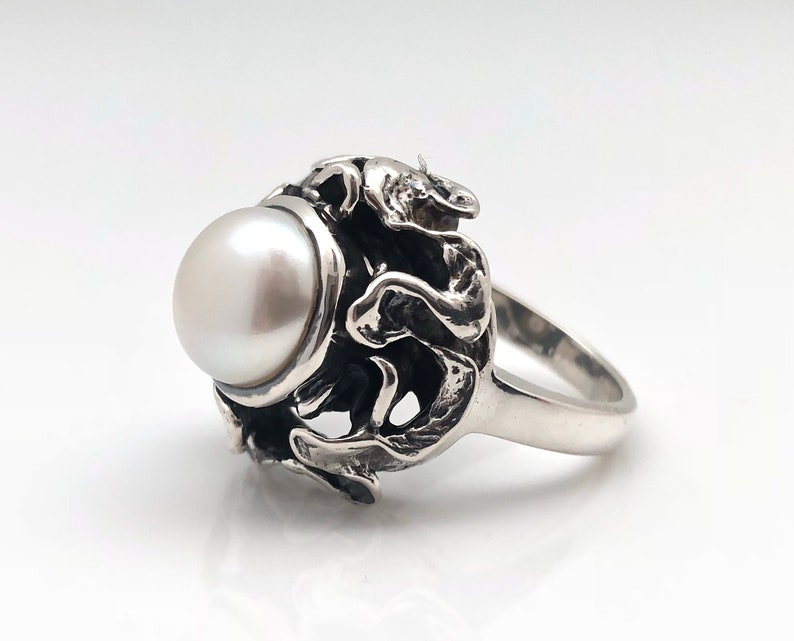 Pearl Ring // Oxidized Abstract Setting // Silver Pearl Ring // Sterling Silver // Size 8 image 1