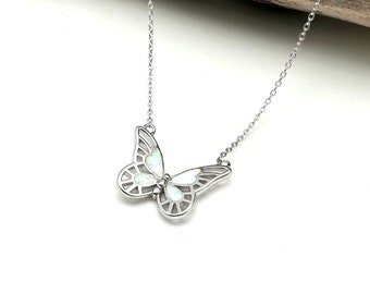 White Opal Butterfly Necklace 16” to 18” // Butterfly Silver
