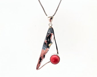 Red Coral Pendant // Silver Coral Pendant // Hammered Triangle Silver Setting // Coral Jewelry