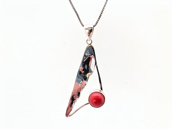 Red Coral Pendant // Silver Coral Pendant // Hammered Triangle Silver Setting // Coral Jewelry