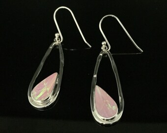 Pink Fire Opal Earrings // 925 Sterling Silver // Hammered Teardrop Setting // Dangling Pink Opal Earrings