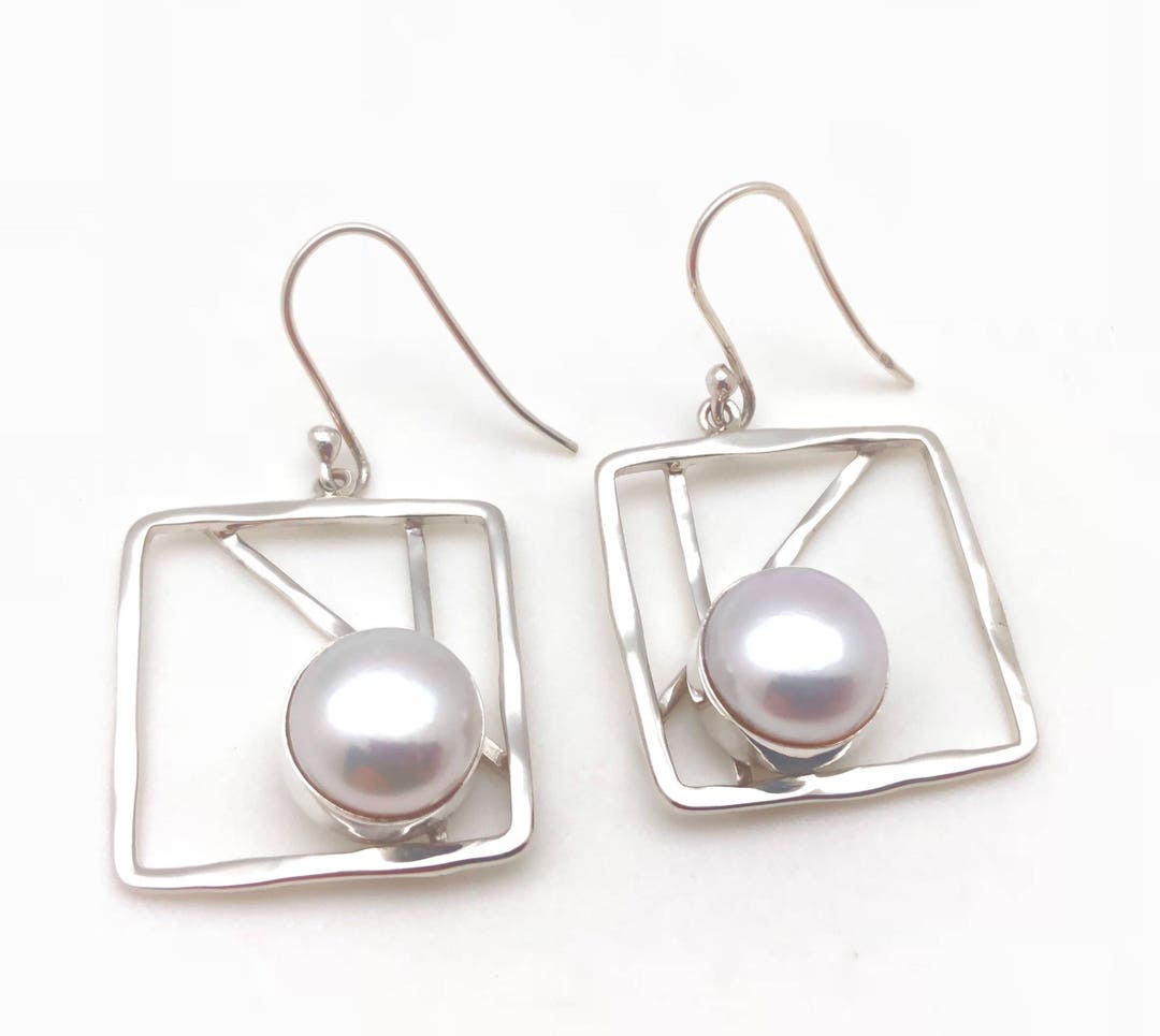 Silver Pearl Earrings // 925 Sterling Silver //geometric Square Setting ...