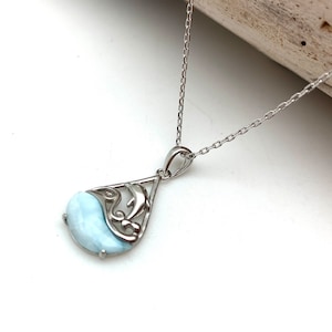 Larimar Dolphin Wave zilveren ketting 17&quot;-19&quot;//moderne Larimar minimalistische ketting//Aqua Blue Larimar ketting//925 sterling zilver
