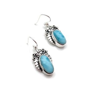 Larimar Silver Earrings // Larimar Sterling Earrings // Flower and Leaf Larimar // Oxidized // Bali // Tropical // 925 Sterling Silver
