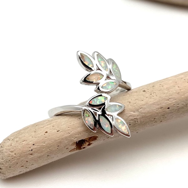 White Opal Silver Leaf Ring 5-12 // White Opal Wrap Ring // Minimalist// Opal Boho Best Selling // 925 Sterling Silver