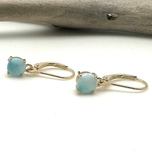 Könnte beinhalten: Ein Paar goldene Ohrringe mit hellblauen Edelstein-Akzenten. Die Ohrringe haben ein schlichtes, elegantes Design und sind perfekt für den Alltag.