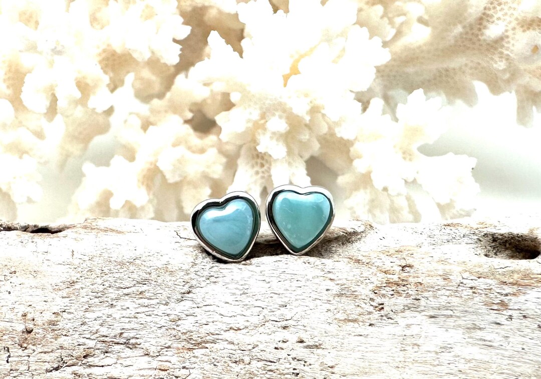 Larimar Little Heart Earrings 8mm / Larimar Puffy Heart Silver