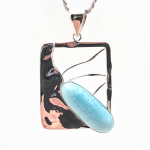 Geometric Larimar Pendant // 925 Sterling Silver // Rectangular Shape // Hammered Finish // Larimar Pendant