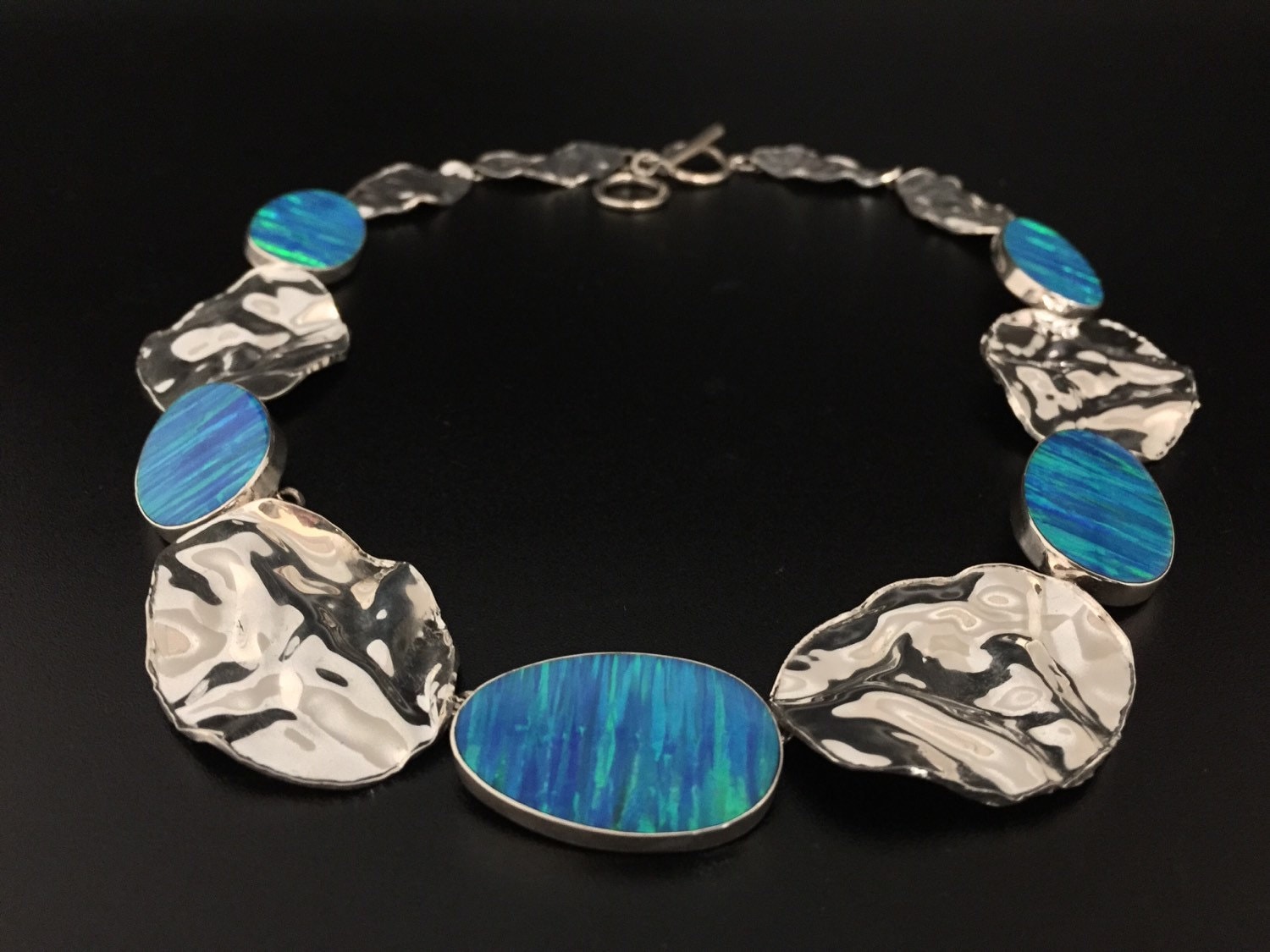 Opal Statement Necklace // Blue Opal Necklace // Hammered Oval Etsy