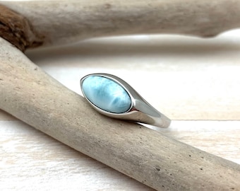 Larimar Silver Ring Size 6, 7, 8, 9 / East West Larimar Silver Ring / Minimalist Larimar Ring / Natural Larimar / 925 Sterling Silver