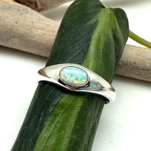 Puede incluir: Un anillo de plata con una piedra preciosa de ópalo ovalada. El ópalo muestra un vibrante juego de colores, incluyendo tonos de azul, verde y naranja. El anillo está colocado sobre una hoja verde y un trozo de madera flotante.