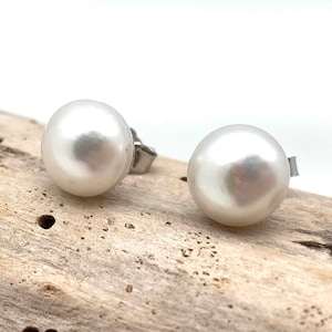Silver Pearl Stud Earrings 10mm / White Pearl Post Earrings / Post in the Center / Pearl and Silver / Simple Earrings / June Birthstone