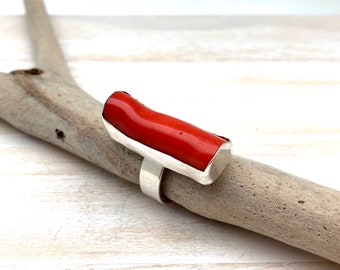Anello in corallo argento misura 7 // Anello in corallo rosso // Anello in corallo rosso bambù // Gioielli in corallo
