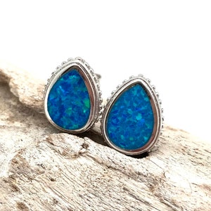 Blue Opal Post Earrings // Blue Opal Teardrop Stud Earrings // Oval opal Silver Earrings // 925 Sterling Silver // October Birthstone