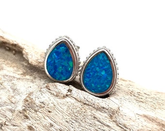 Blue Opal Post Earrings // Blue Opal Teardrop Stud Earrings // Oval opal Silver Earrings // 925 Sterling Silver // October Birthstone
