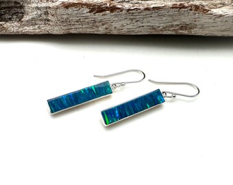 Blue Green Opal Earrings // Sterling Silver Setting // Rectangular Design // Green Blue Opal Earrings