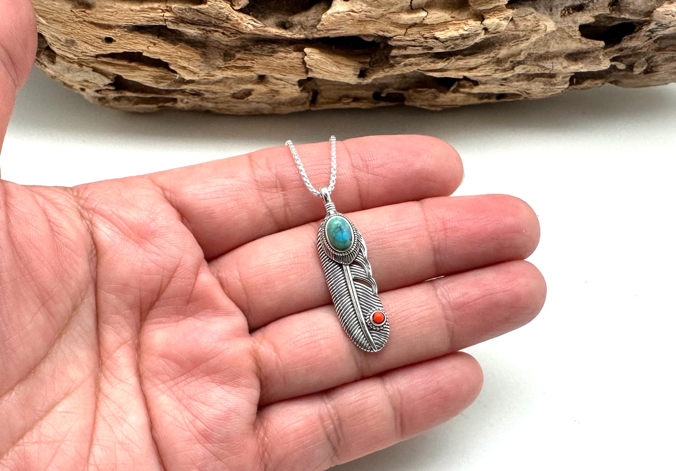 Turquoise Coral Feather Necklace, 925 Sterling, With 18