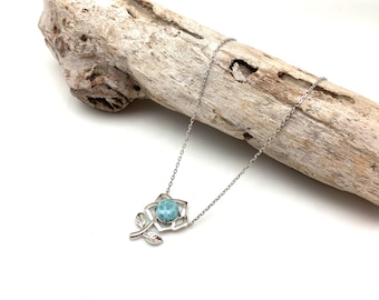Larimar Flower Silver Necklace 16”-18” // Modern Larimar Minimalist Necklace // Aqua Blue Larimar Necklace // 925 sterling Silver