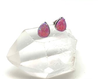 Teardrop Pink Opal Earrings, 925 Sterling Silver Posts, 8mm