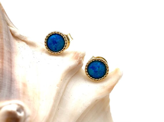 Sterling Silver 5mm Blue Cabochon Opal Bezel Stud Earrings Sterling Silver 5mm Blue Cabochon Opal Bezel Stud Earrings