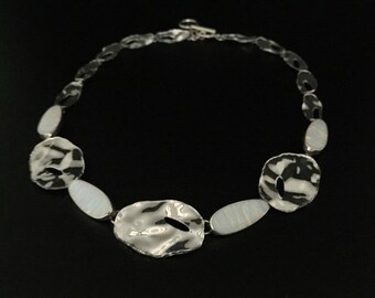 Sterling Silver Opal Necklace: Hammered Link Statement Necklace