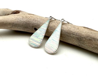 White Opal Silver Earrings // White Fire Opal Long Silver Earrings 30mm // Japanese Opal // 925 Sterling