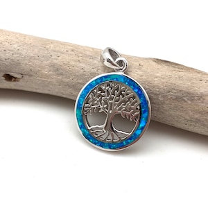 Opal Tree of Life Pendant Necklace / Blue Opal Silver Tree / Blue Opal Pendant 20mm with  18&quot; Chain Option / Blue Opal Sterling Silver