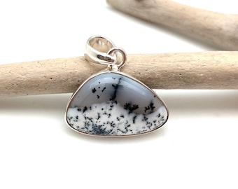 Dendritic Opal Pendant / Dendrite Agate Triangle Silver Pendant / Smooth Dendrite / Black and White Moon / Option with Chain / 925 Sterling