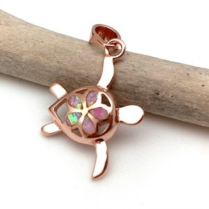 Little Sea Turtle Pink Opal Pendant / Pink Opal Sea Turtle / Long Life Sea Turtle Rose Gold / Plumeria / Rose Gold Plated Sterling