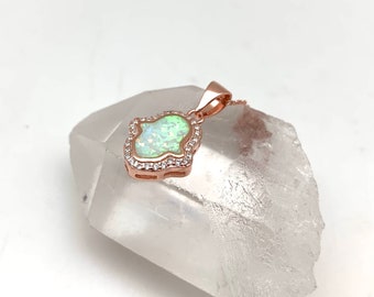 White Opal Rose Gold Necklace 16" to 17” // White Opal Hamsa  // Rose Gold Opal Hand of God // Opal // 925 Sterling Silver