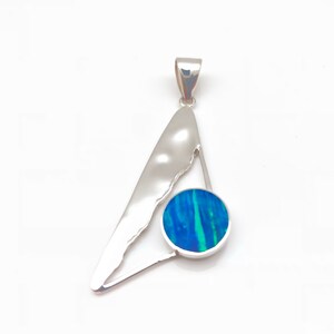 Blue Opal Silver Pendant / Geometric Blue Opal Pendant / Hammered Geometric Silver Pendant / Fire Blue Opal / 925 Sterling Silver