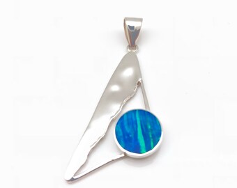 Blue Opal Silver Pendant / Geometric Blue Opal Pendant / Hammered Geometric Silver Pendant / Fire Blue Opal / 925 Sterling Silver