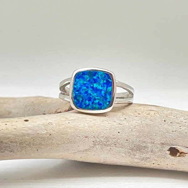 Squared Blue Opal Ring - 925 Sterling Silver - Size 5, 6, 7, 8, 9, 10