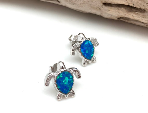 Sterling Silver Blue Created Opal Turtle Post Stud Earrings Sterling Silver Blue Created Opal Turtle Post Stud Earrings