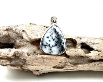 Teardrop Dendritic Opal Pendant, 925 Sterling Silver, 25mm