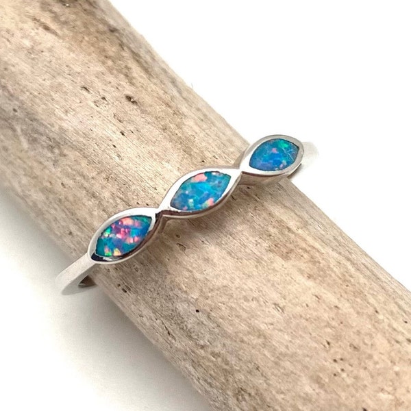 Multi Stone Blue Lavender Opal Silver Band Ring, 925 Sterling Silver, Size 4-9