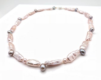 Pink Biwa Pearl with Grey Pearl Necklace // Baby Pink // Birthday gift // Baby Shower Gift //  Wire Wrapped Pearl Necklace // 17 Inch Length